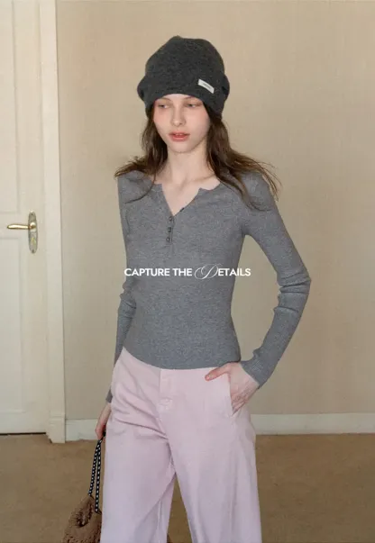 Elegant Henley Knit Top with Button Detail