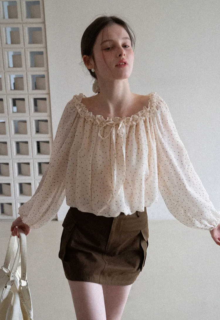 Polka Dot Ruffled Off Shoulder Chiffon Blouse