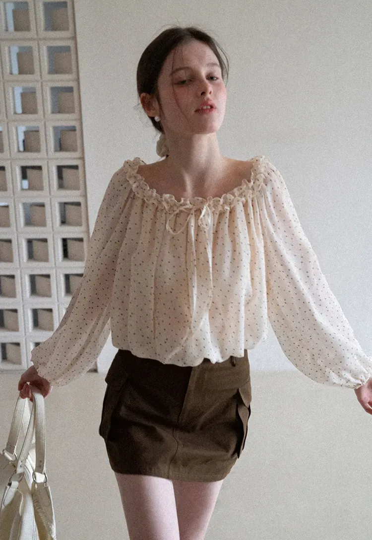 Polka Dot Ruffled Off Shoulder Chiffon Blouse