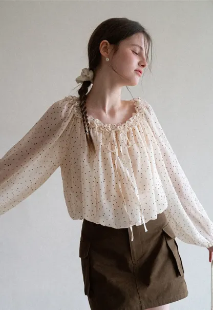 Polka Dot Ruffled Off Shoulder Chiffon Blouse