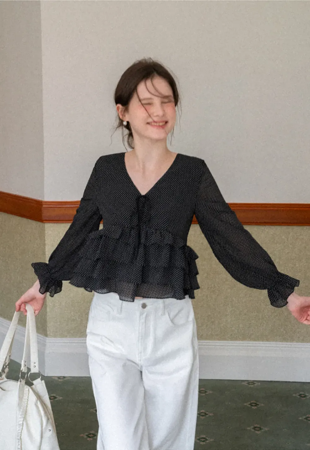 Polka Dot Sheer Blouse with Ruffled Hem and Tie Neck