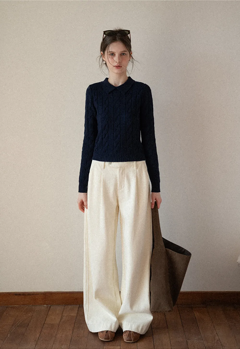 Cable Knit Crop Sweater with Collar