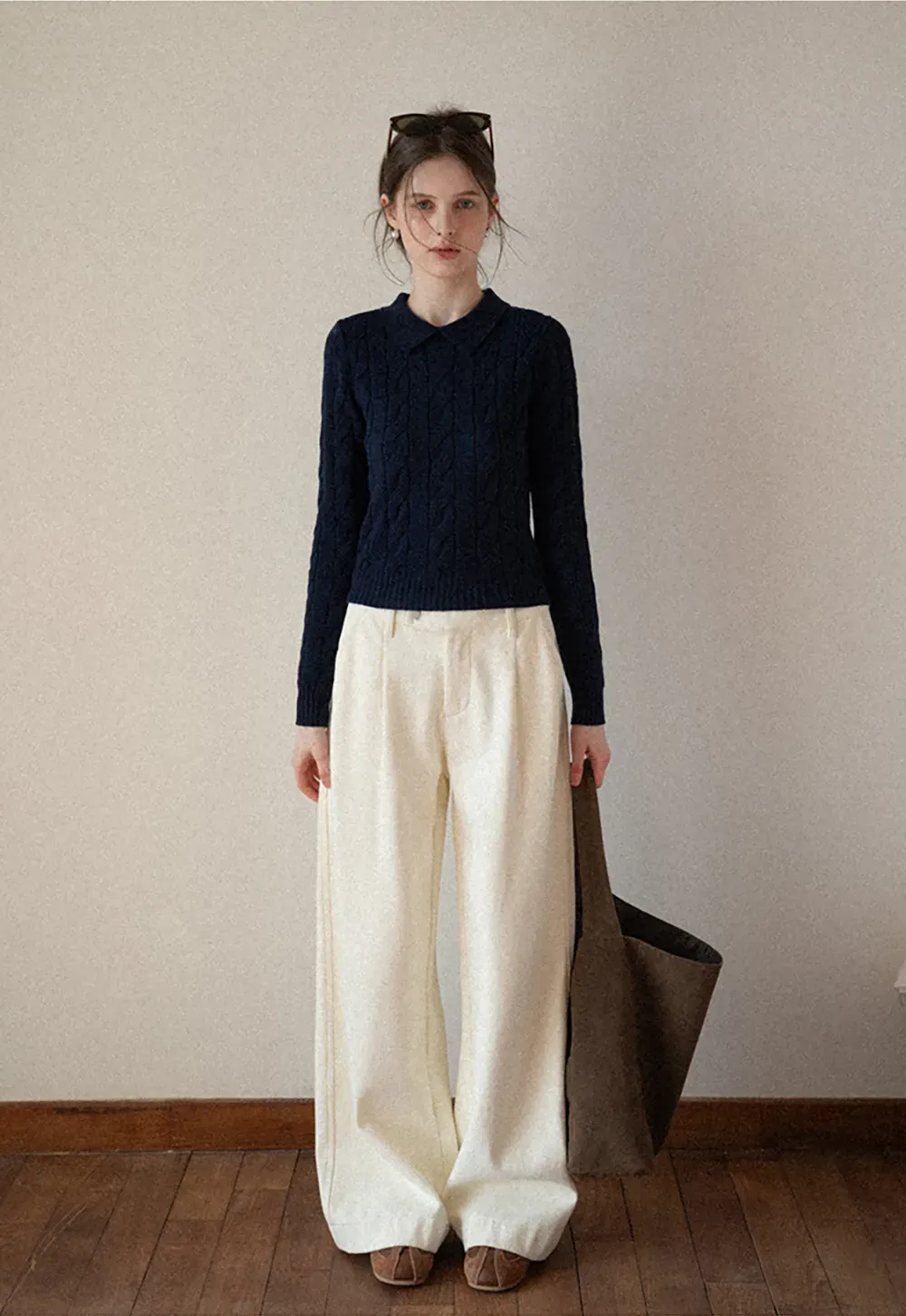 Cable Knit Crop Sweater with Collar