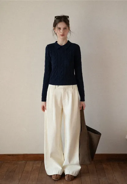 Cable Knit Crop Sweater with Collar