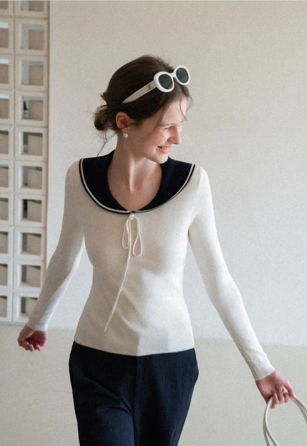 Knit Sweater with Collar and Tie Detail