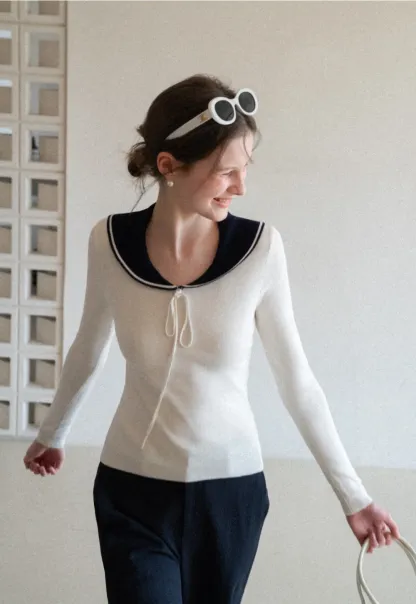 Knit Sweater with Collar and Tie Detail
