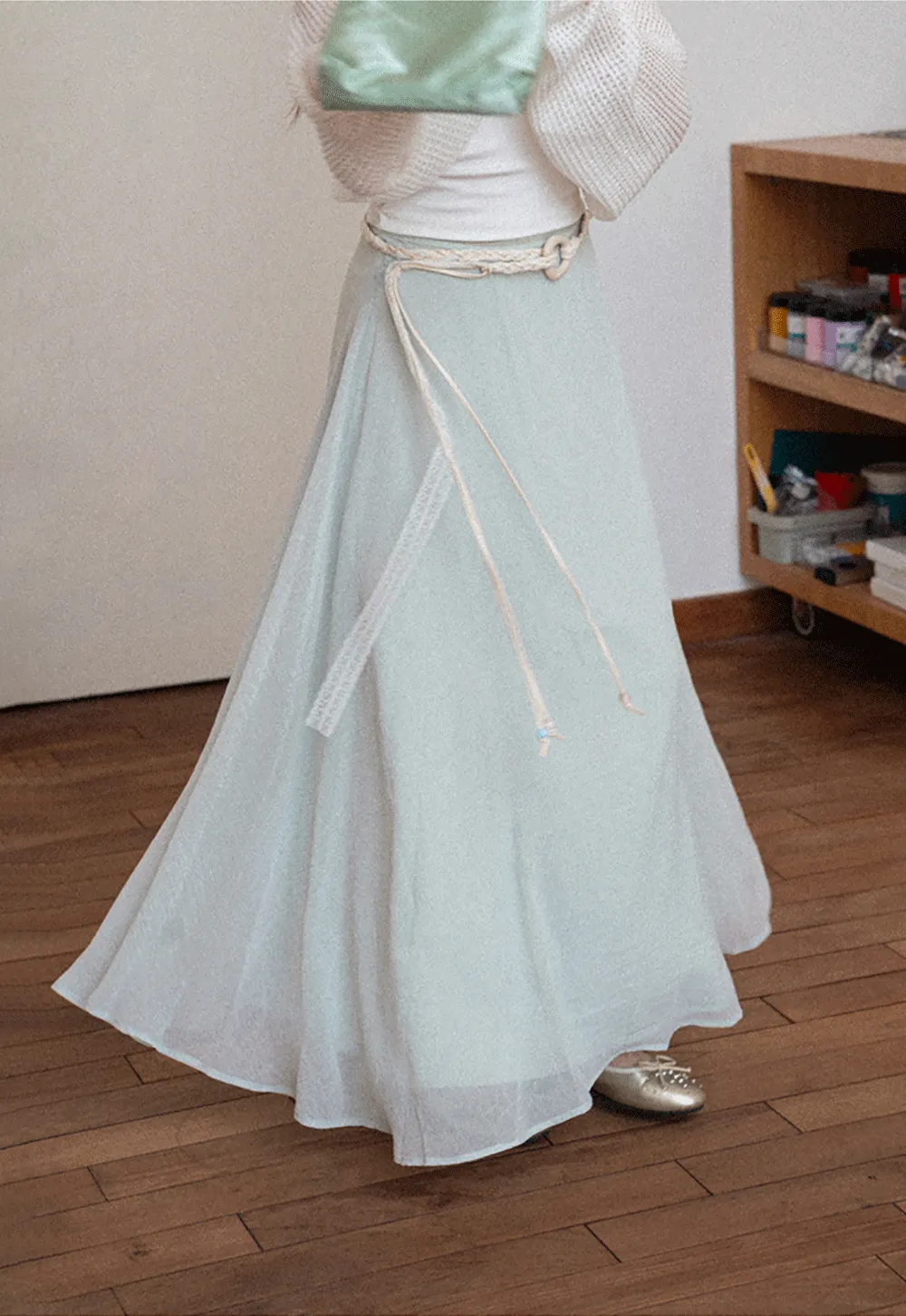 Flowy Maxi Skirt with Lace Trim and Drawstring Waist