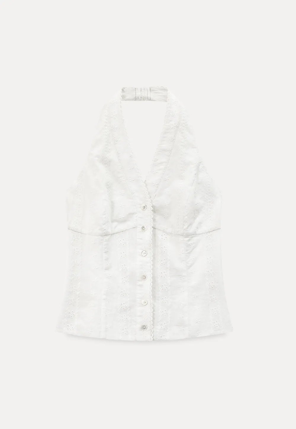 Halter neck sleeveless top with buttons and pleated skirt