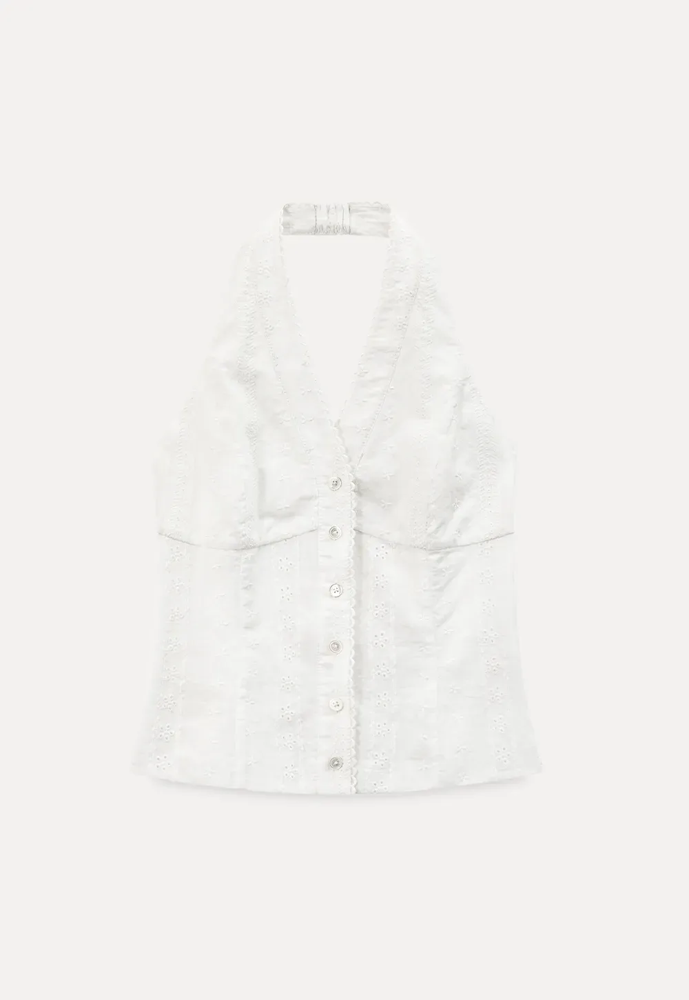 Halter neck sleeveless top with buttons and pleated skirt