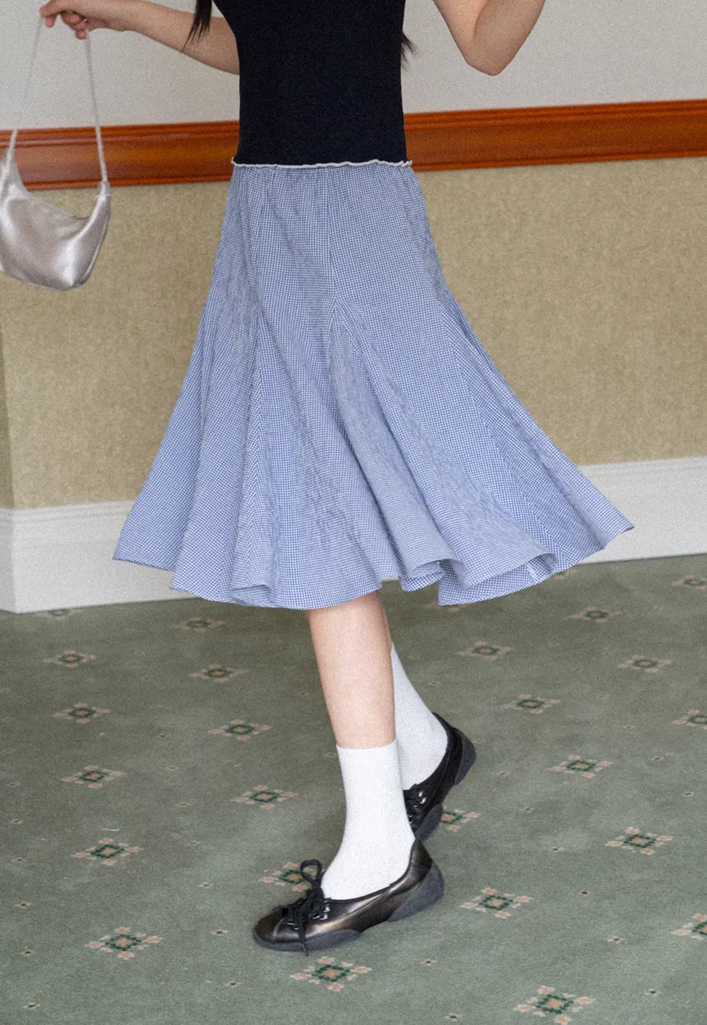 Gingham Pleated Flared Skirt