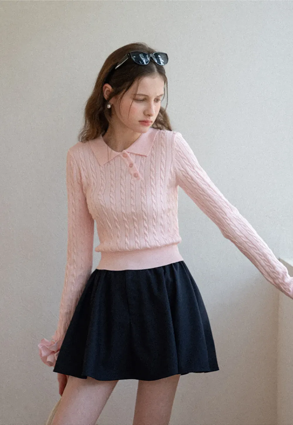 Cable Knit Long Sleeve Polo Neck Cropped Sweater