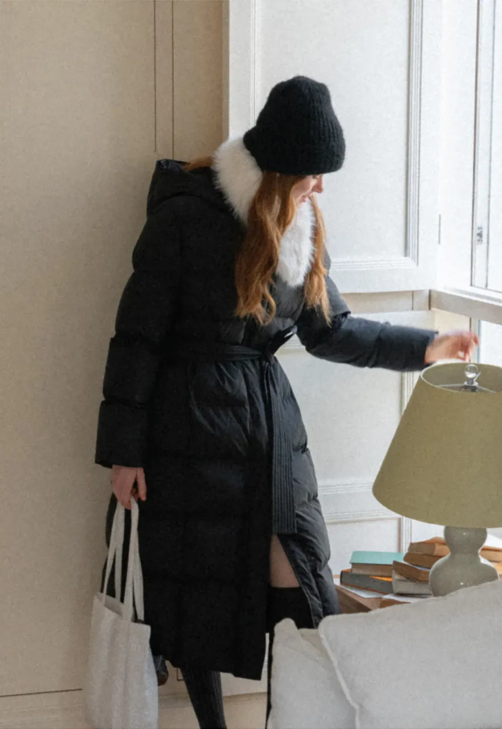 Long Puffer Coat with Fur Trim Hood Belted Design