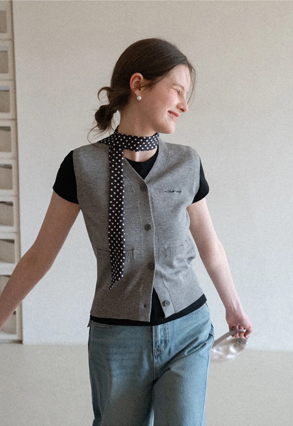 Knitted Vest with Button Closure and Embroidery
