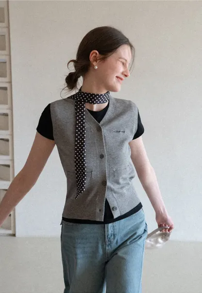 Knitted Vest with Button Closure and Embroidery