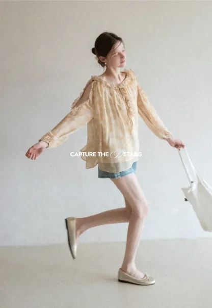 Lace Chiffon Blouse with Ruffled Neck and Sleeves
