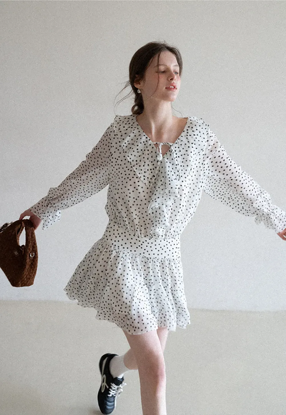 Polka Dot Ruffle Dress with V Neck and Long Sleeves