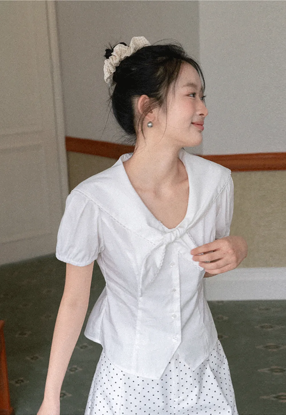 Short Sleeve Shirt with Collar and Bow Detail