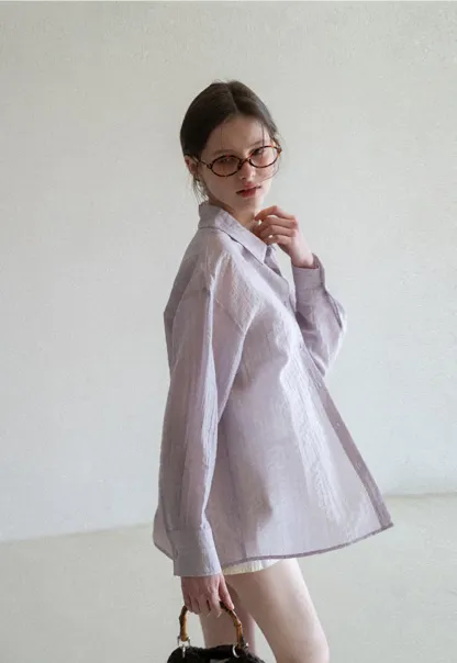 Lightweight Button Up Shirt with V Neck and Long Sleeves