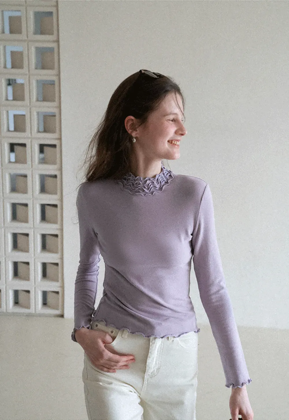 Elegant High Neck Long Sleeve Top with Ruffle Detail