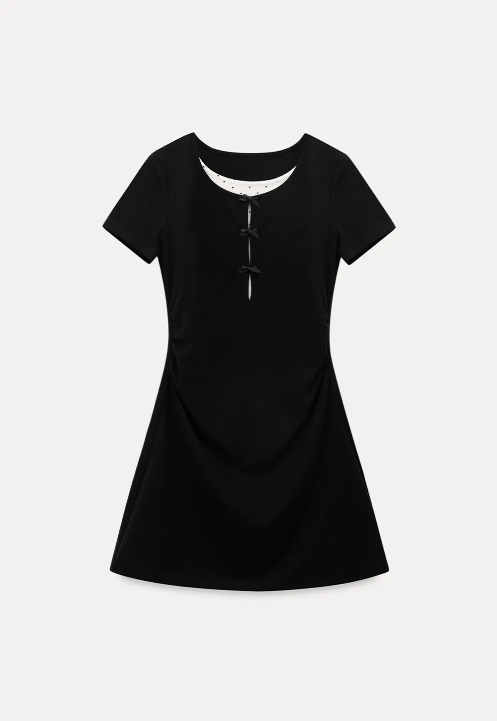 Short Sleeve Dress with Polka Dot Collar and Front Knot Detail