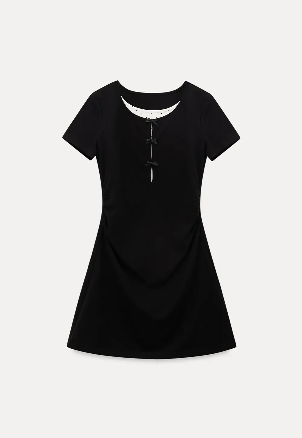 Short Sleeve Dress with Polka Dot Collar and Front Knot Detail