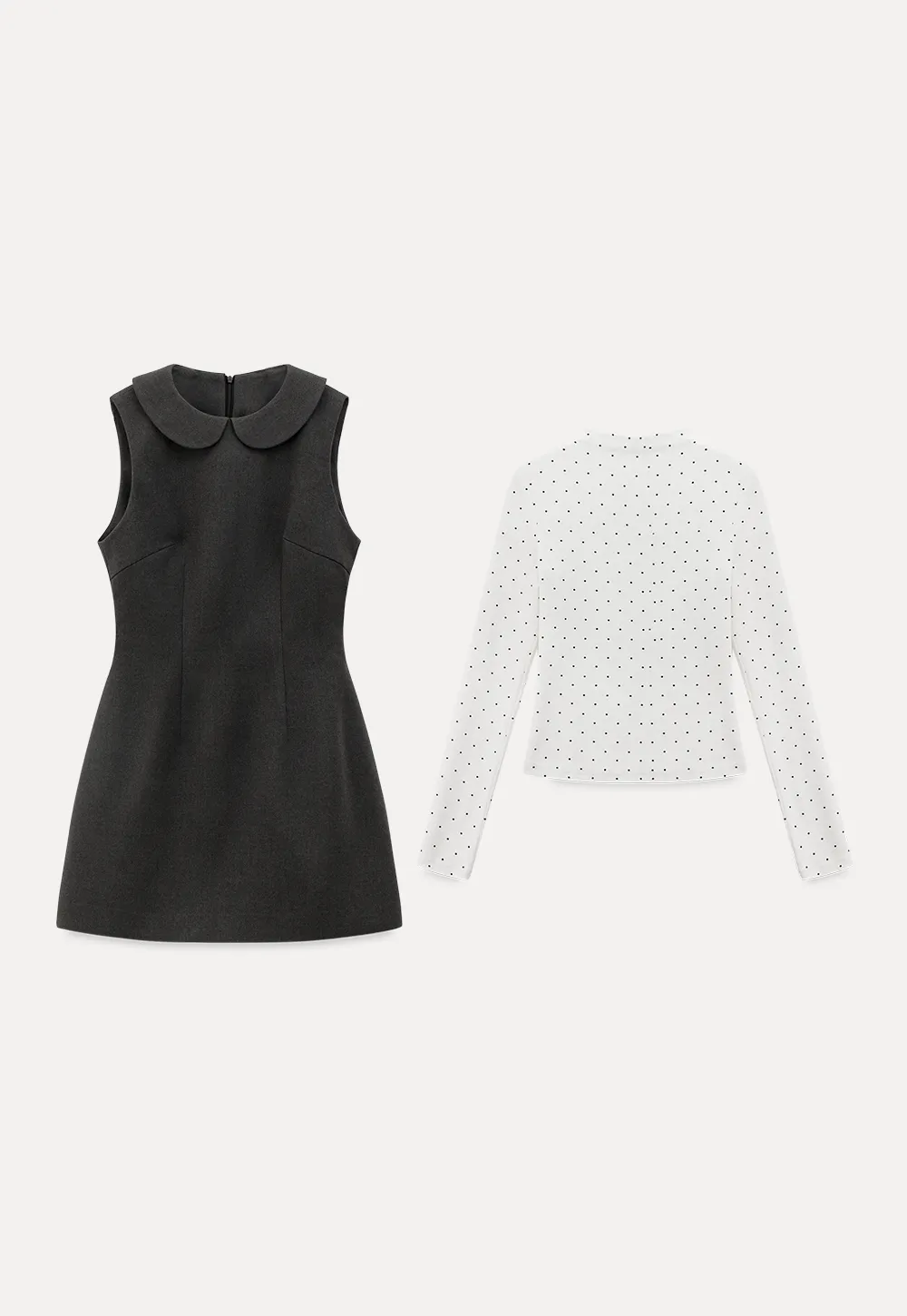 Elegant sleeveless dress with collar layered over polka dot top
