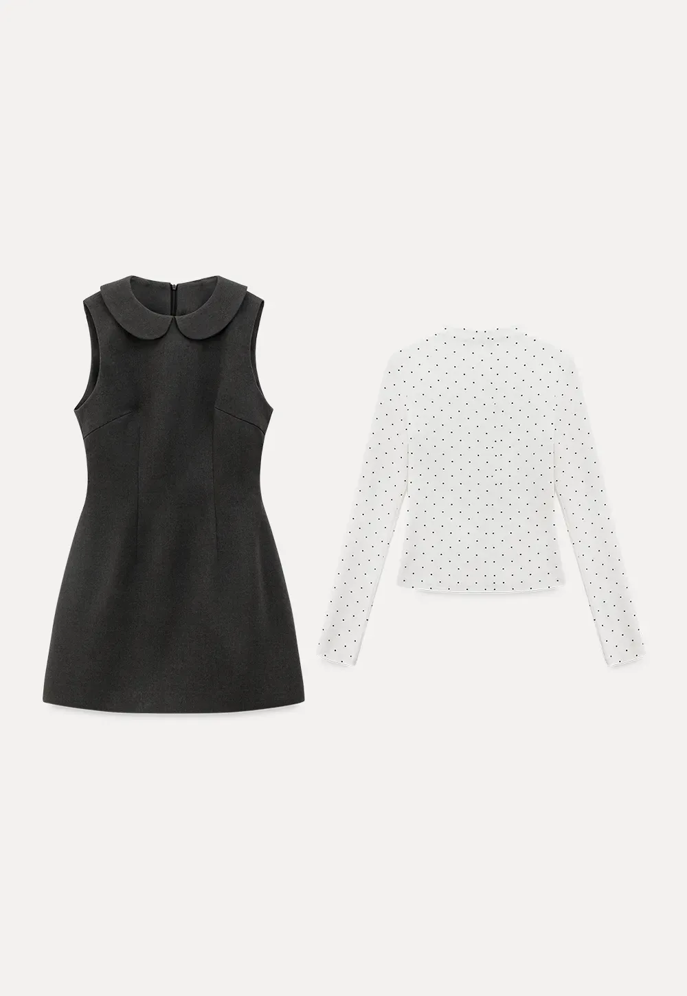 Elegant sleeveless dress with collar layered over polka dot top