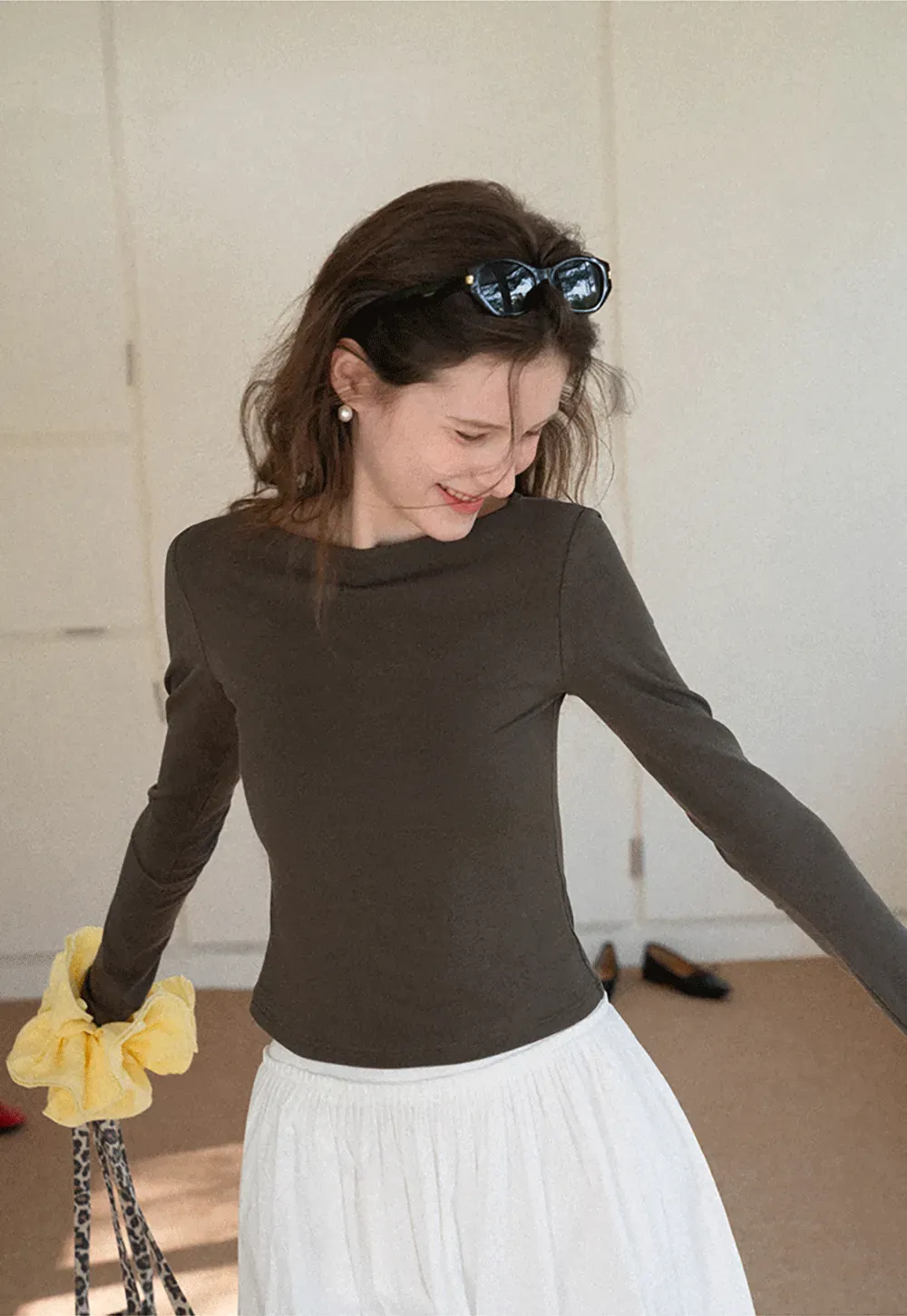 long sleeve boat neck slim fit top