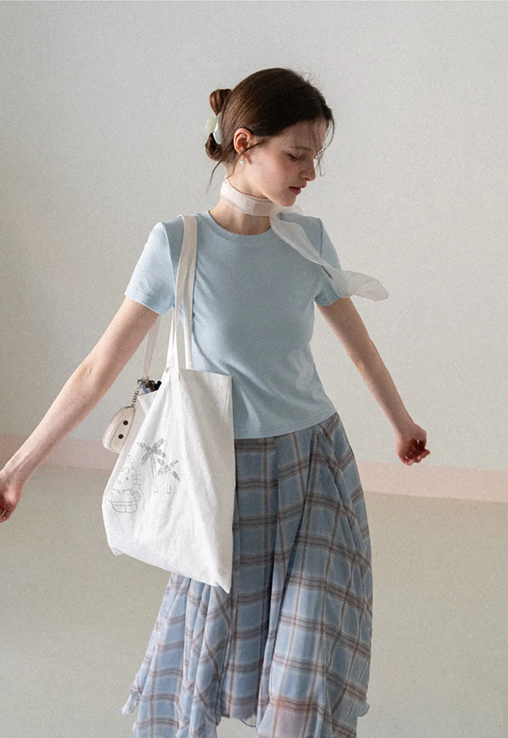 Pleated Plaid Midi Skirt with Asymmetrical Hem