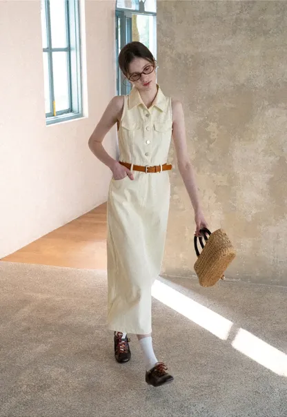 Sleeveless Collared Button Front Midi Dress