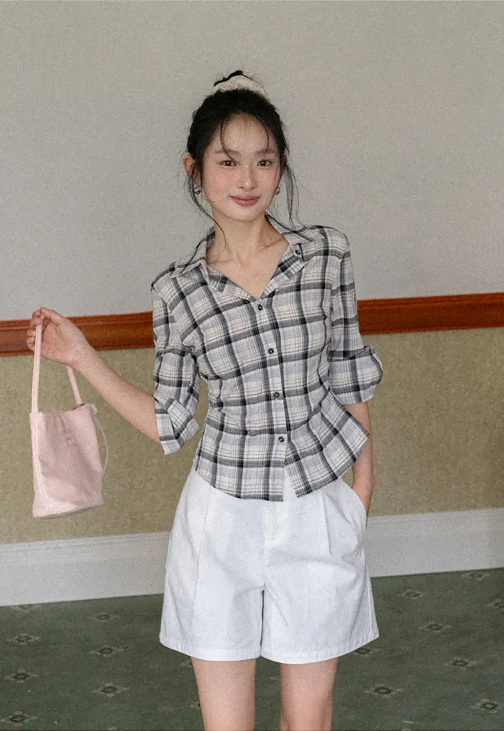 Plaid Shirt with Rolled Sleeves and Button Front