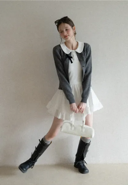 Elegant Cable Knit Cardigan with Bow Detail