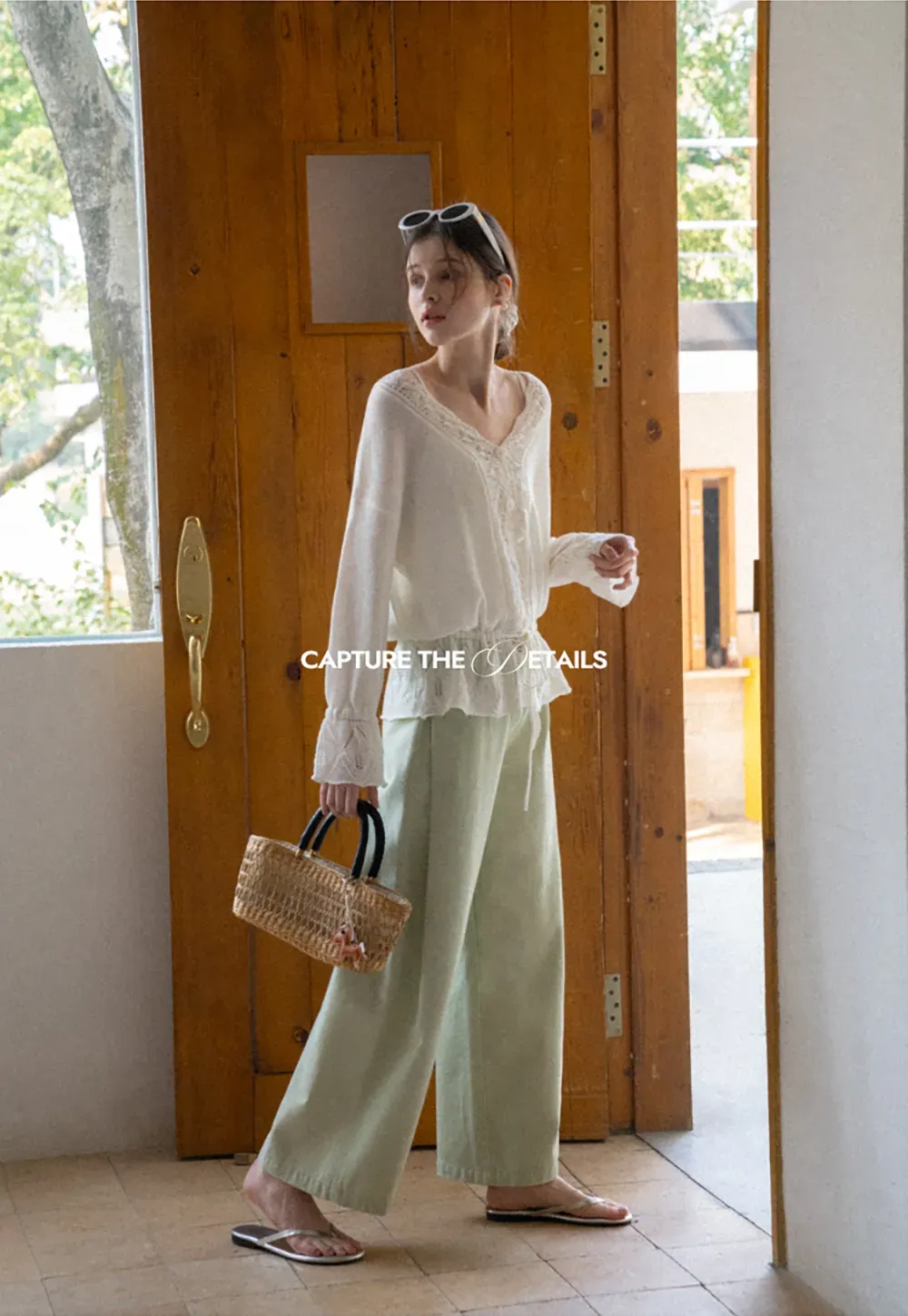 Lace Trimmed V Neck Knit Sweater with Drawstring Hem