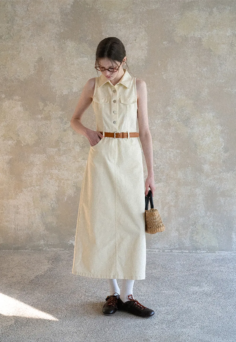 Sleeveless Collared Button Front Midi Dress