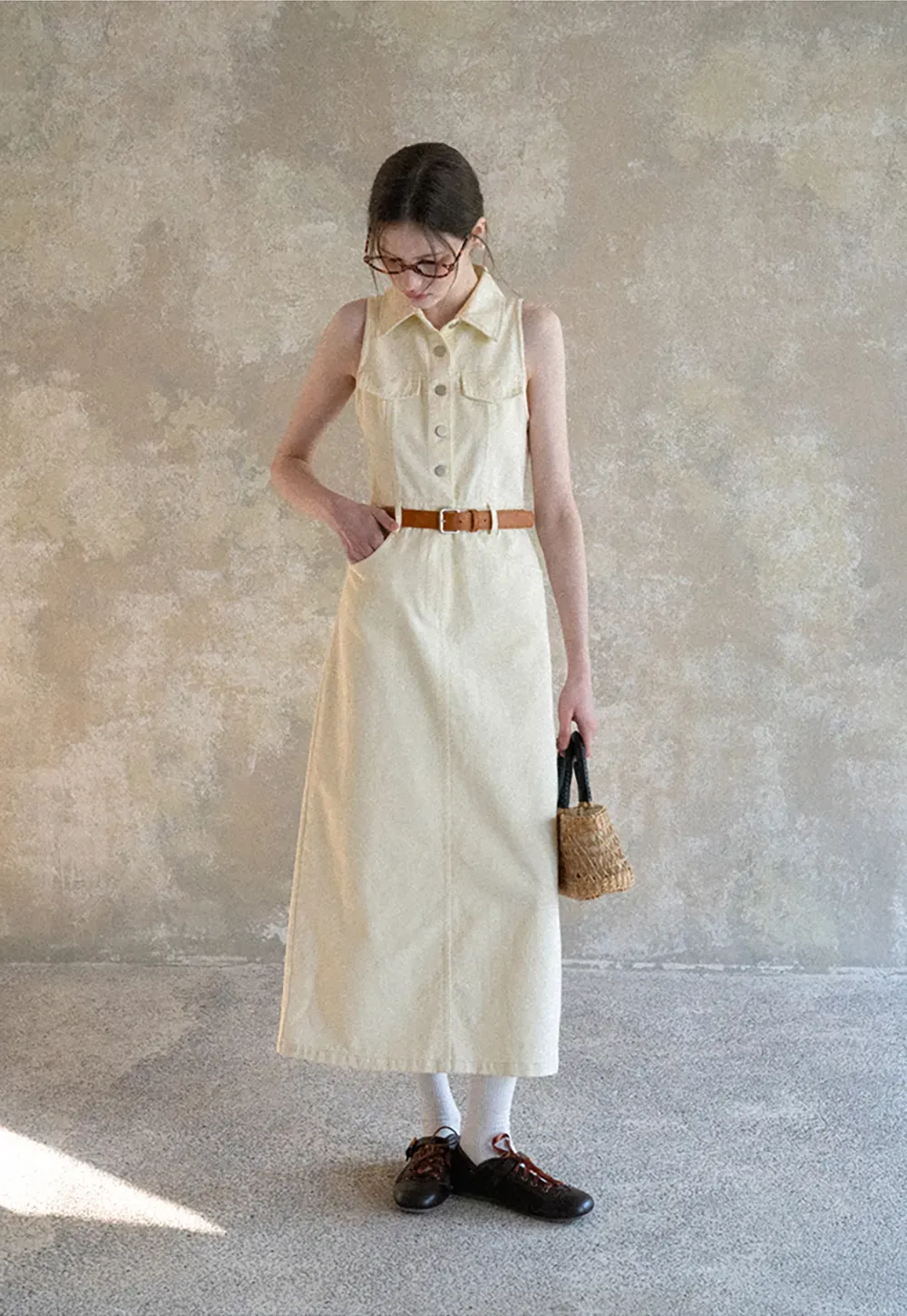 Sleeveless Collared Button Front Midi Dress