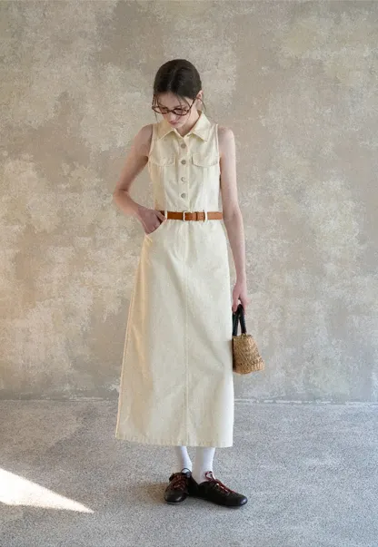 Sleeveless Collared Button Front Midi Dress