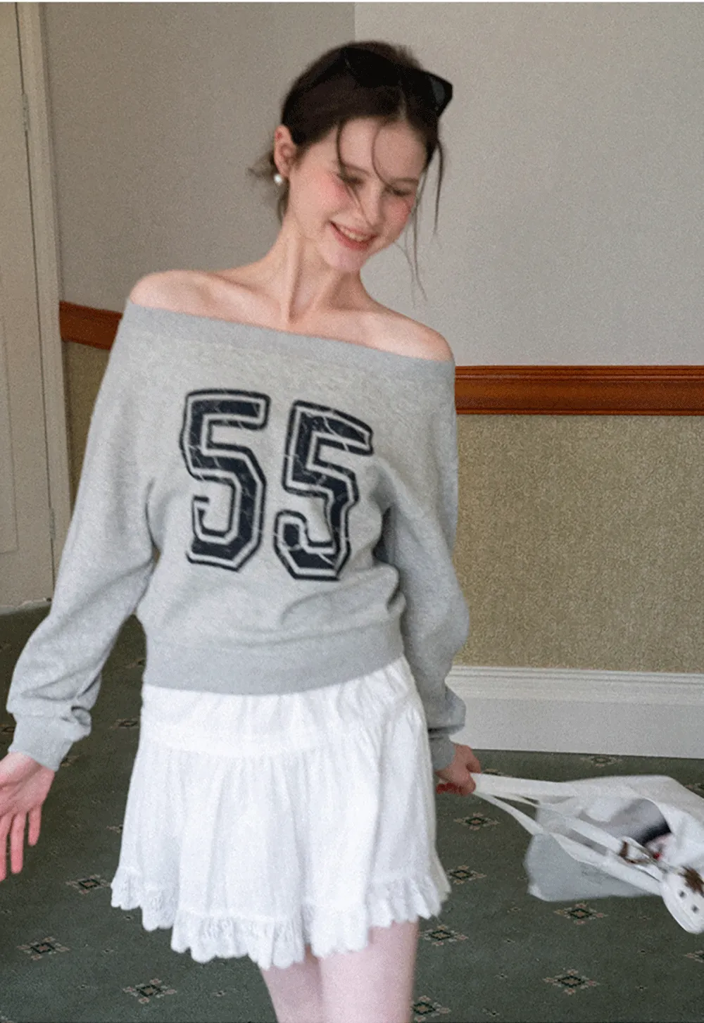 Off Shoulder Sweatshirt with Number Print