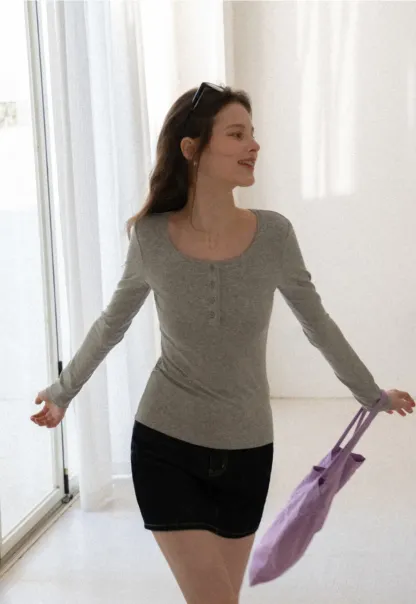 Long sleeve henley top with front buttons