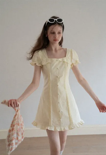 Short Sleeve Button Front Dress with Ruffled Hem