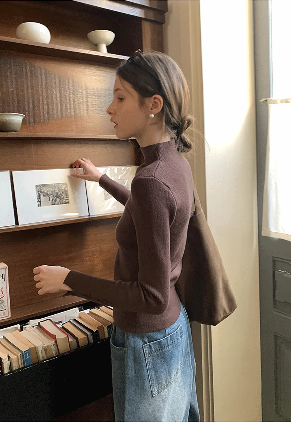 Elegant High Neck Knit Sweater with Button Detail Sleeve