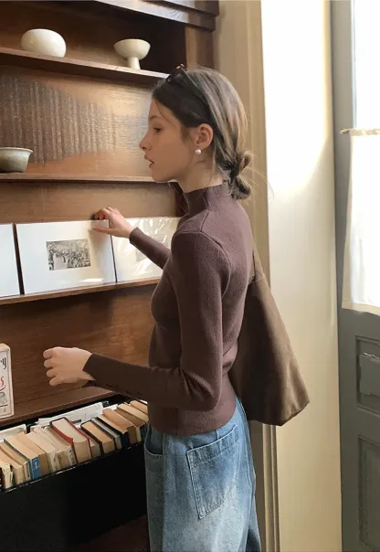 Elegant High Neck Knit Sweater with Button Detail Sleeve