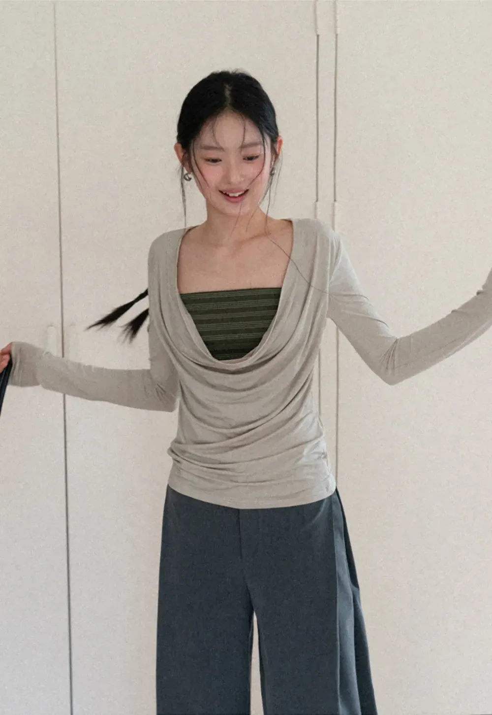 Long sleeve draped neckline top with square cutout