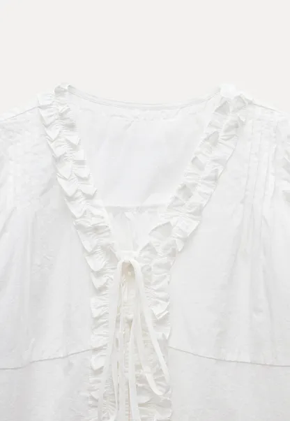 Women's Ruffle Trim Puff Sleeve Blouse