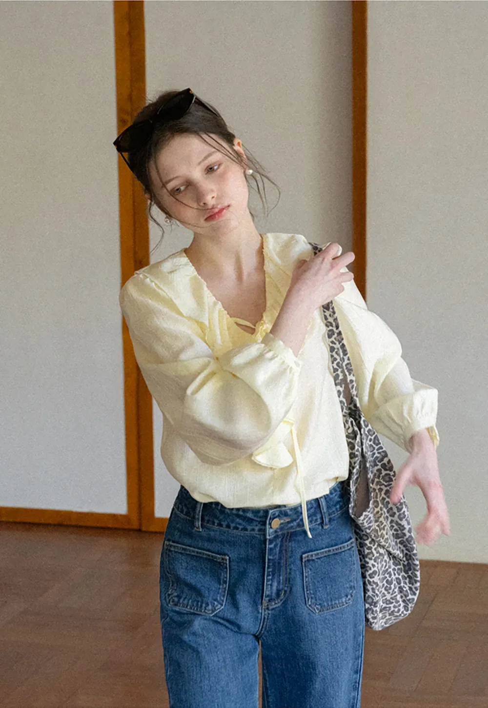 Ruffled Collar Long Sleeve Blouse with Tie Front