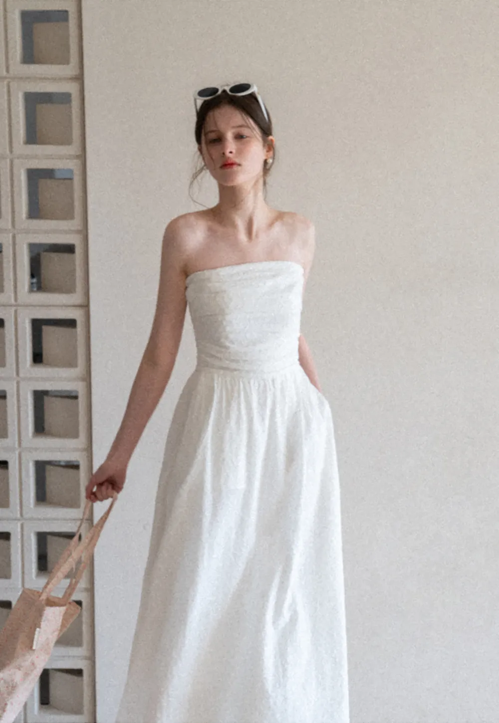 Strapless A-line Midi Dress with Ruched Bodice