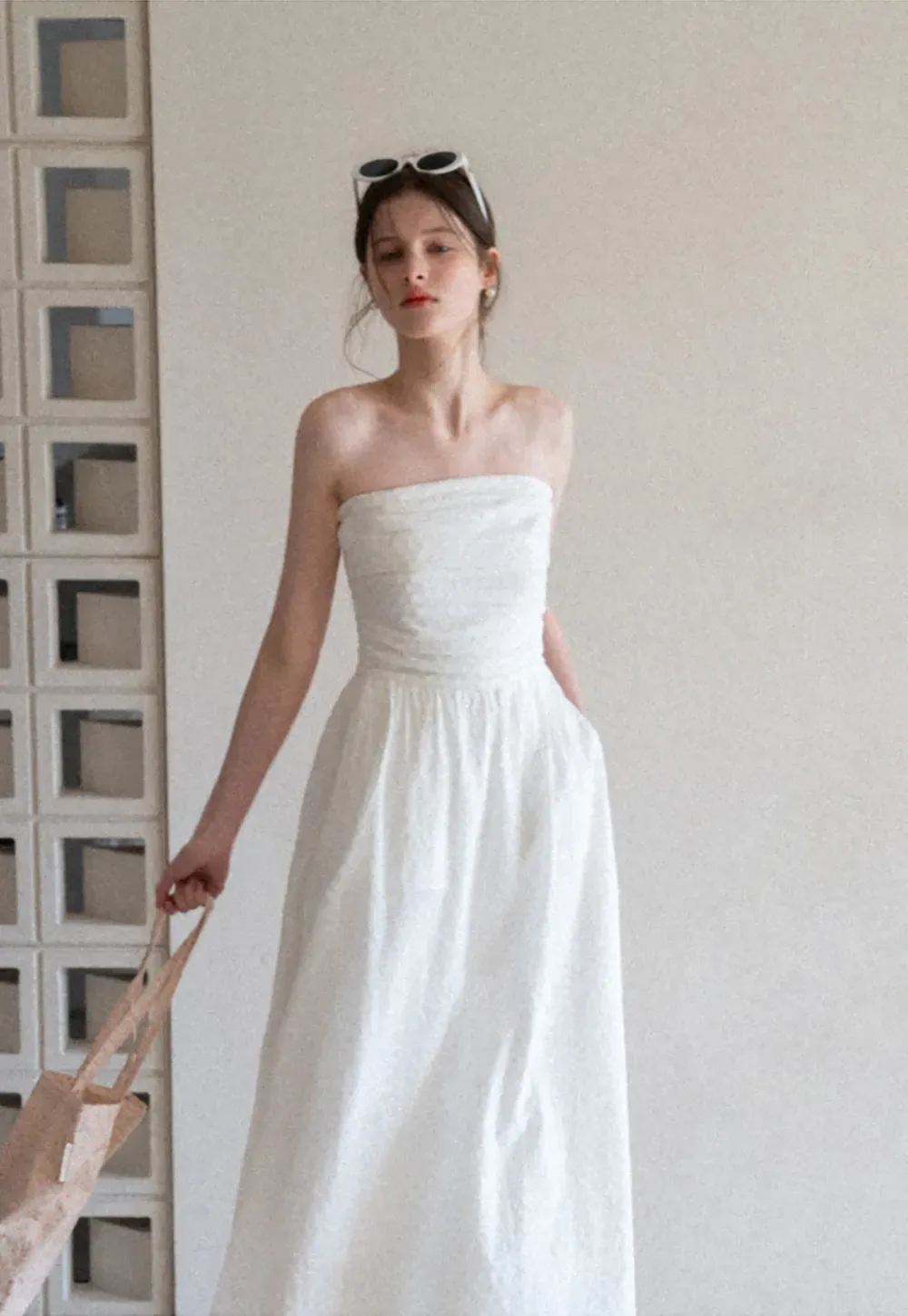 Strapless A-line Midi Dress with Ruched Bodice