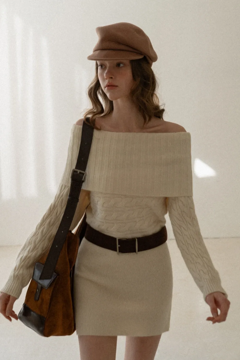 Off-Shoulder Cable Knit Waist-Cinching Dress