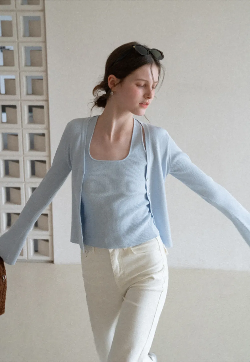 Light Knit Sweater Set with Tank Top and Cardigan Design