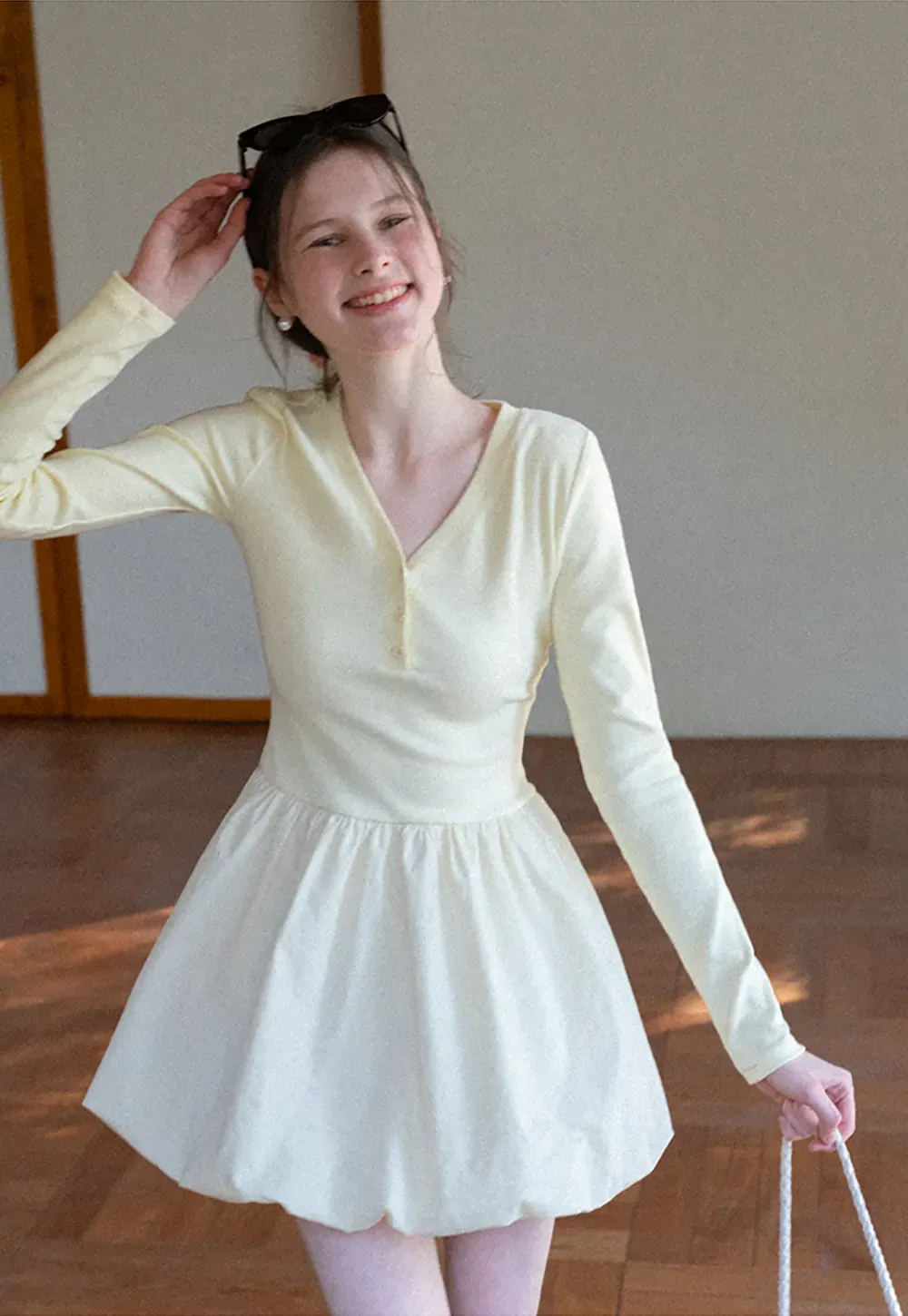 V neck long sleeve dress with flared skirt