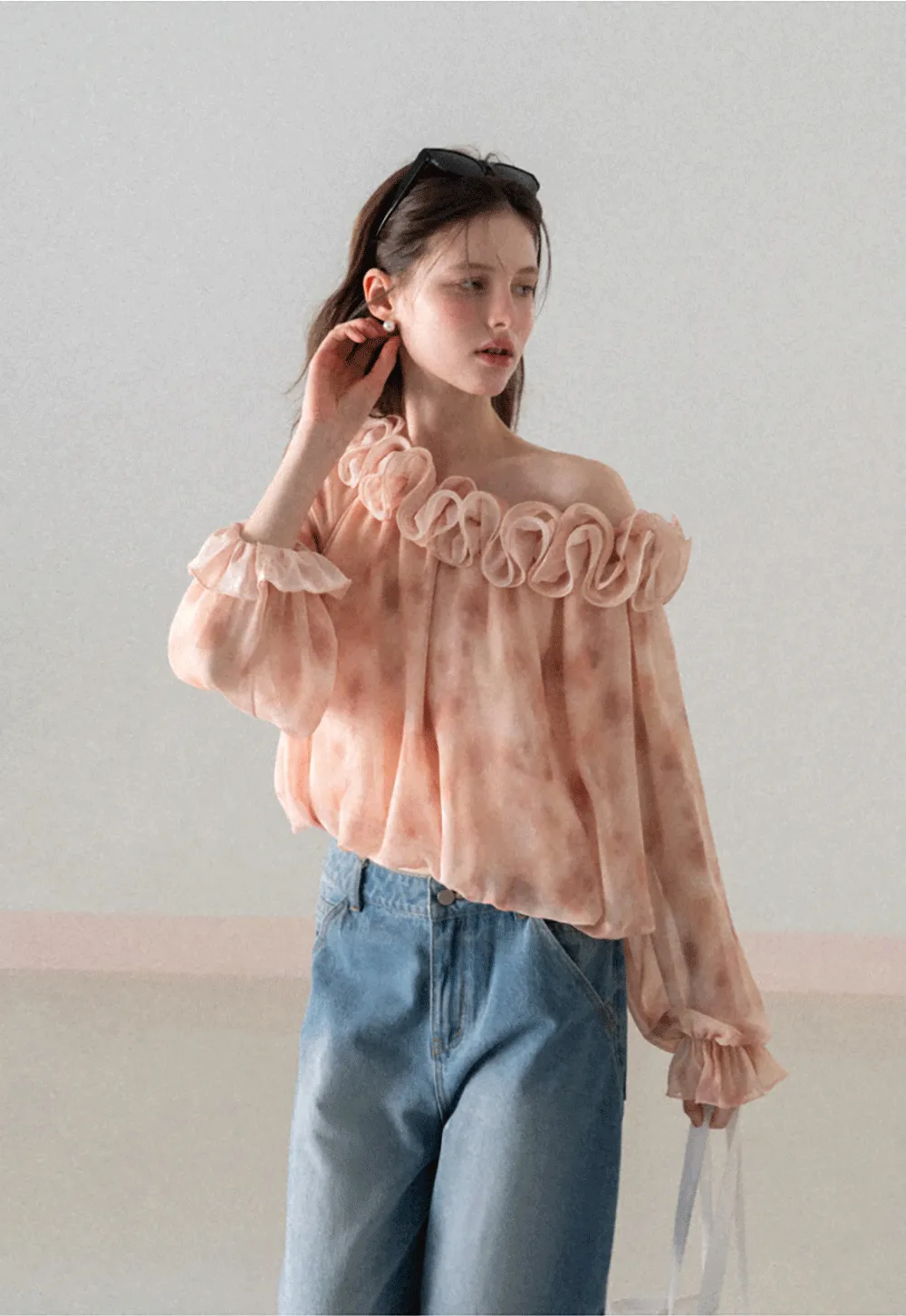 Off Shoulder Ruffled Lace Chiffon Blouse